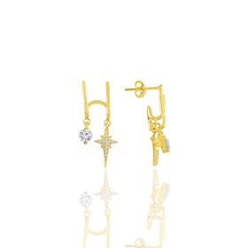 Söğütlü Silver SGTL10697GOLD Altın Yaldızlı Zirkon Taşlı Çift Görünümlü Kutup Yıldızı Gümüş Küpe