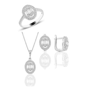 Söğütlü Silver SGTL10734 Gümüş Rodyumlu Oval Gümüş Baget Taşlı Üçlü Set