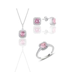 Söğütlü Silver SGTL10762 Gümüş Rodyumlu Pembe Taşlı Kare Üçlü Set