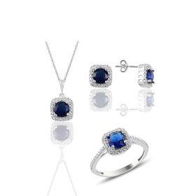 Söğütlü Silver SGTL10762 Gümüş Rodyumlu Safir Taşlı Kare Üçlü Set