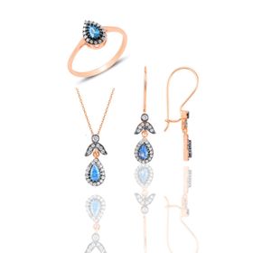 Söğütlü Silver SGTL10988 Gümüş Rose Akuamarin Taşlı Damla Üçlü Set