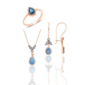 Söğütlü Silver SGTL10988 Gümüş Rose Akuamarin Taşlı Damla Üçlü Set