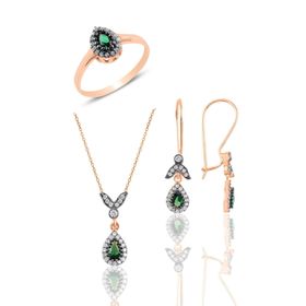 Söğütlü Silver SGTL10988 Gümüş Rose Kök Zümrüt Taşlı Damla Üçlü Set