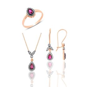 Söğütlü Silver SGTL10988 Gümüş Rose Kök Zümrüt Taşlı Damla Üçlü Set