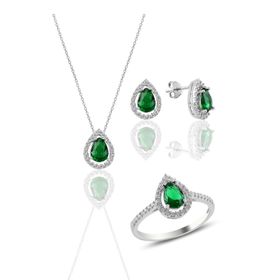 Söğütlü Silver SGTL11003 Gümüş Rodyumlu Kök Zümrüt Taşlı Damla Modeli Üçlü Set