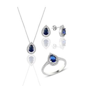 Söğütlü Silver SGTL11003 Gümüş Rodyumlu Safir Taşlı Damla Modeli Üçlü Set