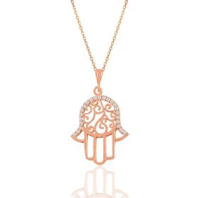 Söğütlü Silver SGTL11029 Gümüş Rose Zirkon Taşlı Işlemeli Fatma Ana Eli Kolye