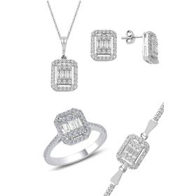 Söğütlü Silver SGTL11055 Gümüş Rodyumlu Çizgili Baget Taşlı Dörtlü Set