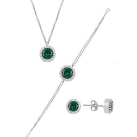 Söğütlü Silver SGTL11174 Gümüş Rodyumlu Zirkon Ve Kök Zümrüt Taşlı Pırlanta Modeli Üçlü Set