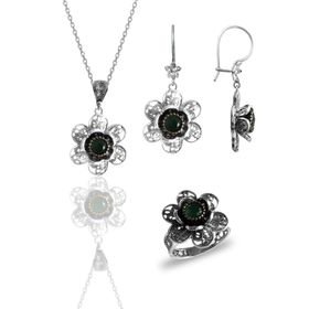 Söğütlü Silver SGTL11174 Gümüş Rodyumlu Zirkon Ve Kök Zümrüt Taşlı Pırlanta Modeli Üçlü Set