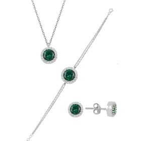 Söğütlü Silver SGTL11174 Gümüş Rodyumlu Zirkon Ve Kök Zümrüt Taşlı Pırlanta Modeli Üçlü Set