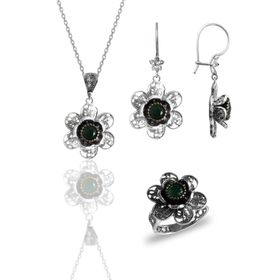 Söğütlü Silver SGTL11174 Gümüş Rodyumlu Zirkon Ve Kök Zümrüt Taşlı Pırlanta Modeli Üçlü Set