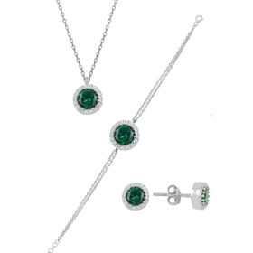 Söğütlü Silver SGTL11174 Gümüş Rodyumlu Zirkon Ve Kök Zümrüt Taşlı Pırlanta Modeli Üçlü Set