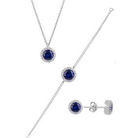 Söğütlü Silver SGTL11174 Gümüş Rodyumlu Zirkon Ve Safir Taşlı Pırlanta Modeli Üçlü Set