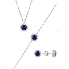 Söğütlü Silver SGTL11174 Gümüş Rodyumlu Zirkon Ve Safir Taşlı Pırlanta Modeli Üçlü Set