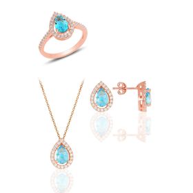 Söğütlü Silver SGTL11512 Gümüş Rose Akuamarin Taşlı Damla Modeli Üçlü Set