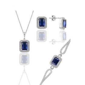 Söğütlü Silver SGTL11598 Gümüş Rodyumlu Safir Taşlı Baget Kesim Üçlü Set