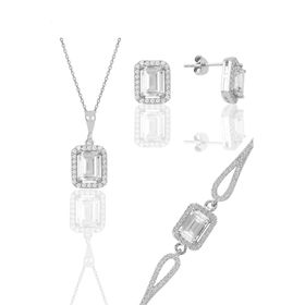 Söğütlü Silver SGTL11598 Gümüş Rodyumlu Zirkon Taşlı Baget Kesim Üçlü Set