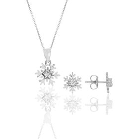 Söğütlü Silver SGTL11611SET Gümüş Rodyumlu Zirkon Taşlı Kar Tanesi Kolye Ve Kupe Ikili Set