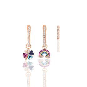 Söğütlü Silver SGTL11641 Rose Zirkon Taşlı Yonca Gök Kuşağı Kombin Üçlü Gümüş Küpe Seti