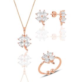 Söğütlü Silver SGTL11664 Gümüş Rose Zirkon Taşlı Yonca Kolye Küpe Ve Yüzük Üçlü Set