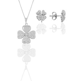 Söğütlü Silver SGTL11667 Gümüş Rodyumlu Zirkon Taşlı Yonca Kolye Ve Küpe Ikili Set