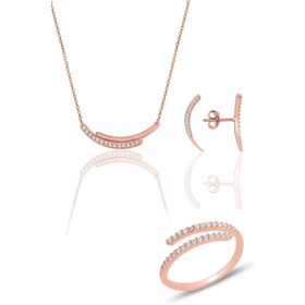 Söğütlü Silver SGTL12120 Gümüş Rose Zirkon Sıra Taşlı Kolye Küpe ve Yüzük Üçlü Set