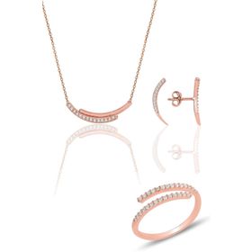 Söğütlü Silver SGTL12120 Gümüş Rose Zirkon Sıra Taşlı Kolye Küpe ve Yüzük Üçlü Set