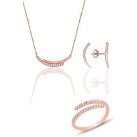 Söğütlü Silver SGTL12120 Gümüş Rose Zirkon Sıra Taşlı Kolye Küpe ve Yüzük Üçlü Set