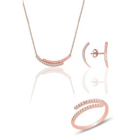 Söğütlü Silver SGTL12120 Gümüş Rose Zirkon Sıra Taşlı Kolye Küpe ve Yüzük Üçlü Set