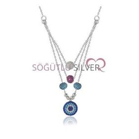 Söğütlü Silver SGTL7886 Üç Zincirli Nazarlı Firuze Taşlı Kolye