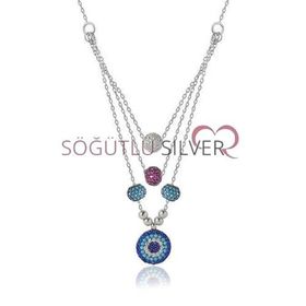 Söğütlü Silver SGTL7886 Üç Zincirli Nazarlı Firuze Taşlı Kolye