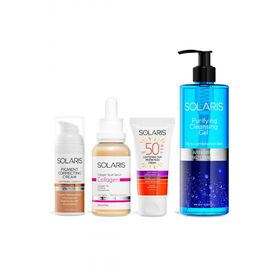 Solaris 4'lü 50 ml Leke Karşıtı Krem + Collagen Serum + Güneş Koruyucu + Temizleme Jel