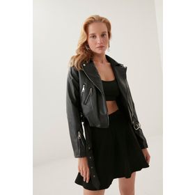 Sortee SRT-1060-CKT-20 Siyah Deri Kolları Fermuarlı Deri Kadın Ceket