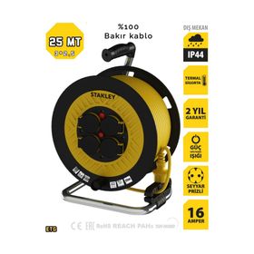 Stanley ST-P-2525 Dört Prizli 3x2.5 mm 25 Metre Makaralı Seyyar Uzatma Kablosu