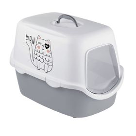 Stefanplast Cathy Griffe Beyaz Gri 56x40x40 cm Kedi Desenli Kapalı Kedi Tuvaleti