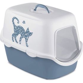 Stefanplast Cathy Griffe Beyaz Mavi 56x40x40 cm Kedi Desenli Kapalı Kedi Tuvaleti