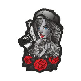Sticker Fabrikası Silahlı Tabancalı Kız 14x8.5 cm Duvar Stickerı