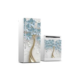 StickerArt 3D Mavi Yaprak Buzdolabı ve Bulaşık Makinası Beyaz Eşya Sticker Kaplama