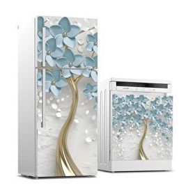 StickerArt 3D Mavi Yaprak Buzdolabı ve Bulaşık Makinası Beyaz Eşya Sticker Kaplama