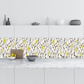 StickerArt Beyaz Taşlar Sarı Çiçek 60x300 cm Mutfak Tezgah Arası Folyo