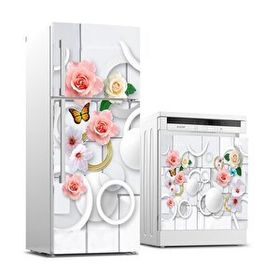 StickerArt Buzdolabı ve Bulaşık Makinası Beyaz Eşya Kaplama Gül Kelebek Yuvarlak Sticker