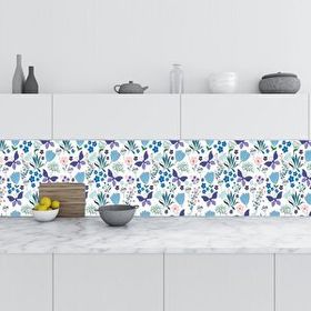 StickerArt Mavi Çiçek Kelebek 60x200 cm Mutfak Tezgah Arası Fayans Kaplama Folyosu