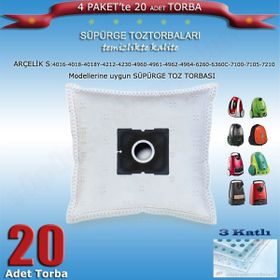 STT Arçelik S 4016 - 4018 - 4018 Y - 4212 - 4230 - 4960 - 4961 - 4962 - 4964 - 6260 - 6360 C - 7100 - 7105 - 7210 Uygun 20 Adet Süpürge Toz Torbası