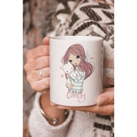 Stüdyo SM Vektörel Çizim Kız ve Kedi Lovely Sevimli Logo Baskılı Kupa Bardak