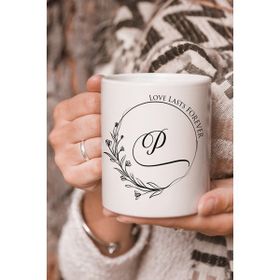 Stüdyo SM Vektörel Çizim Love Lasts Forever P Harf Yazılı Logo Baskılı Kupa Bardak