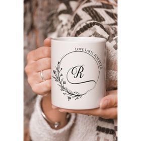 Stüdyo SM Vektörel Çizim Love Lasts Forever R Harf Yazılı Logo Baskılı Kupa Bardak