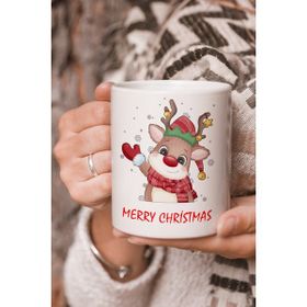 Stüdyo SM Vektörel Çizim Merry Christmas Mutlu Yıllar Ren Geyiği Logo Baskılı Kupa Bardak