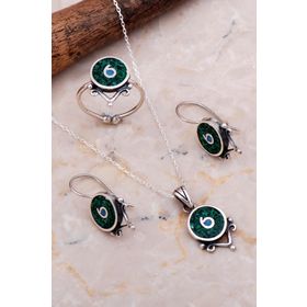 Sümer Telkari 2633 Antik Mozaik İşlemeli Malakit Taşlı Gümüş Set