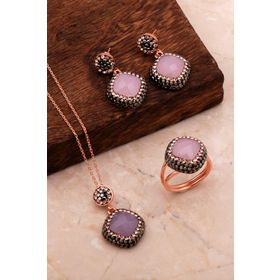 Sümer Telkari MT2709 Pembe Kuvars Taşlı Rose Gümüş Set